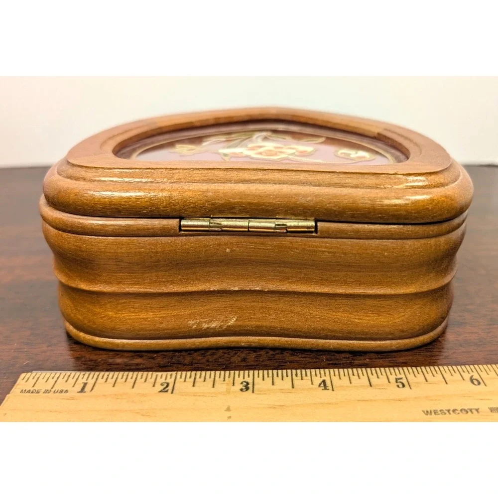 Vintage 1970s Mele Wooden Jewelry Box Floral Glass Lid Red Velvet Heart Taiwan